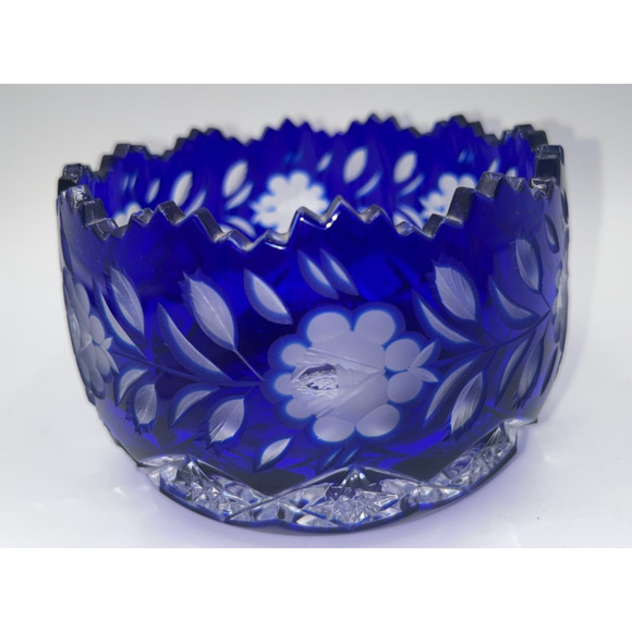 Vintage Czech Bohemian Blue Cobalt Cut to Clear Oval Sawtooth Crystal Bowl - Picture 9 of 16